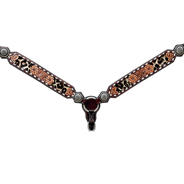 Bar H Equine Horse Genuine Leather Floral Design Breast Collar ,Headstall Brown